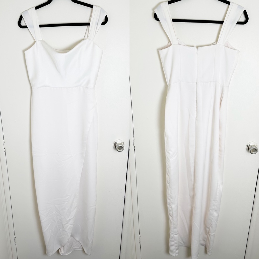 New BHLDN White Crepe Maxi Dress Off Shoulder Draped Neckline Faux Wrap 8
